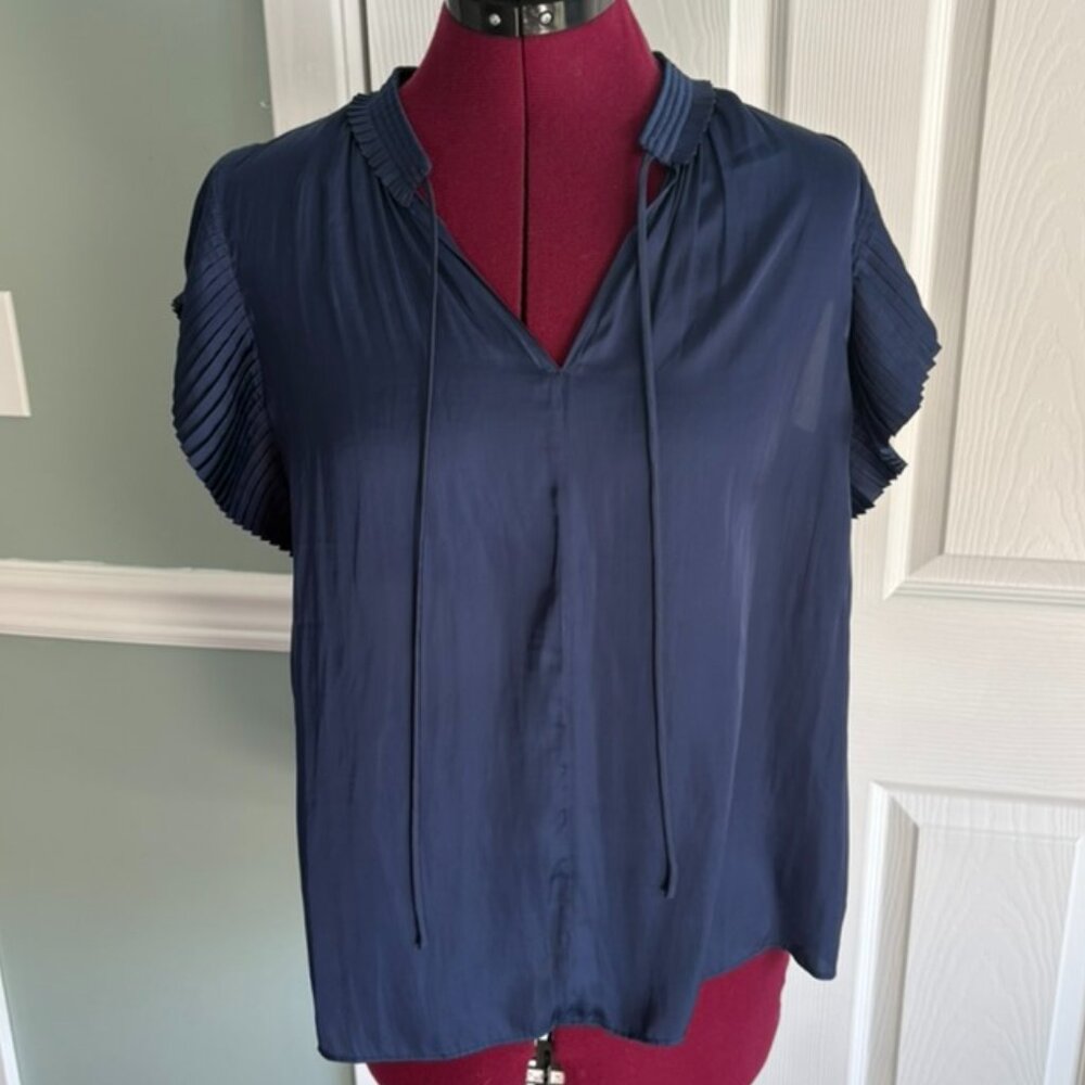 Catherine Malandrino Navy Pleated Sleeve Tie Neck Blouse Top - Medium